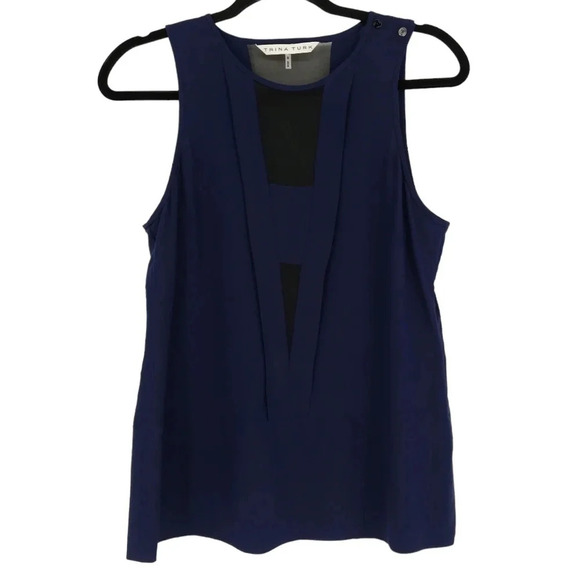 Trina Turk Devera Tank Top Silk Navy Blue Sleeveless Sheer Panel Revolve Shirt - Picture 1 of 8